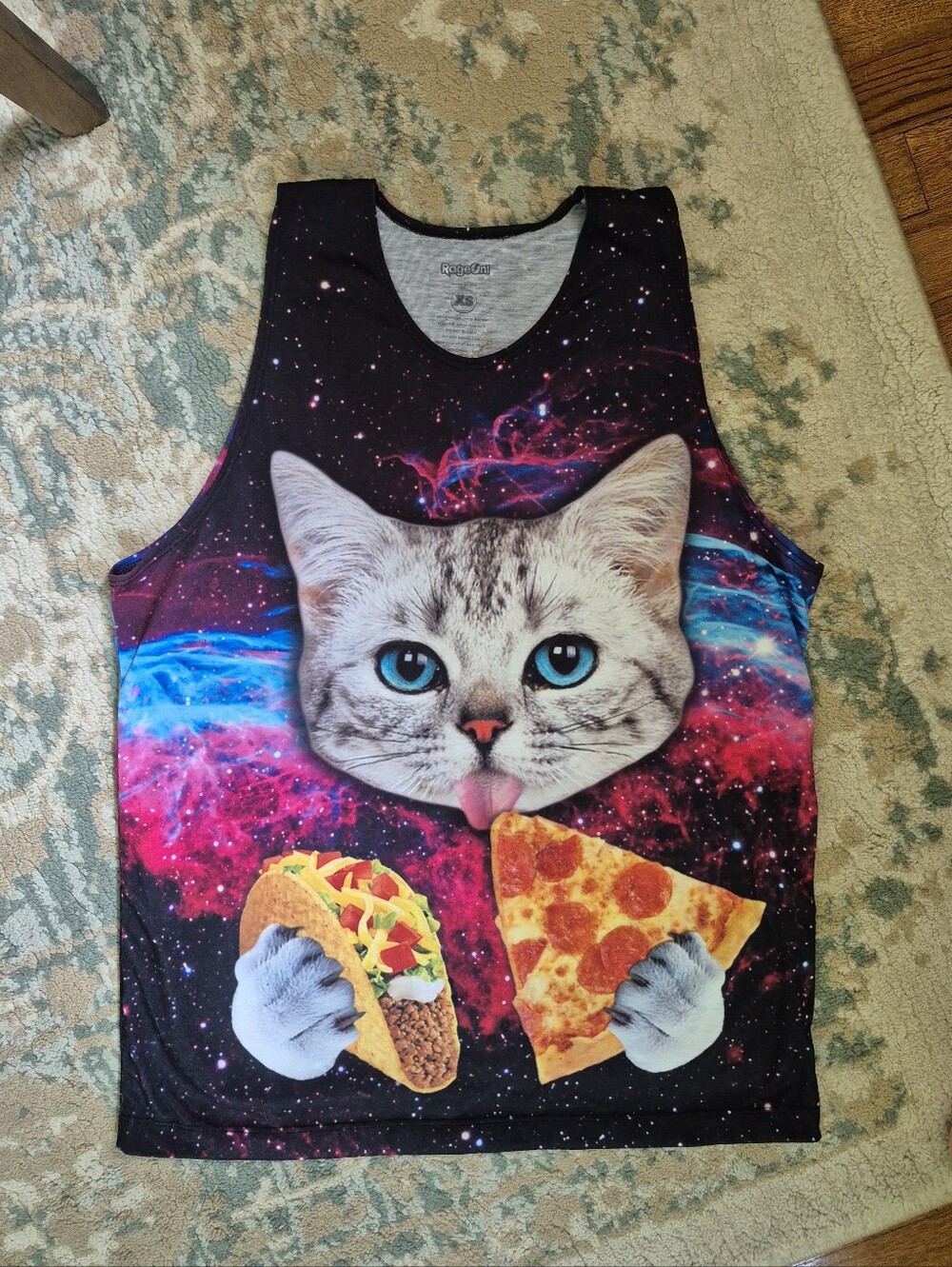 Cat Galaxy Tank Top with Pizza & Taco Print - Black/Purple